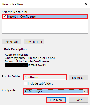 Screenshot of Outlook showing the Run Rules Now window.