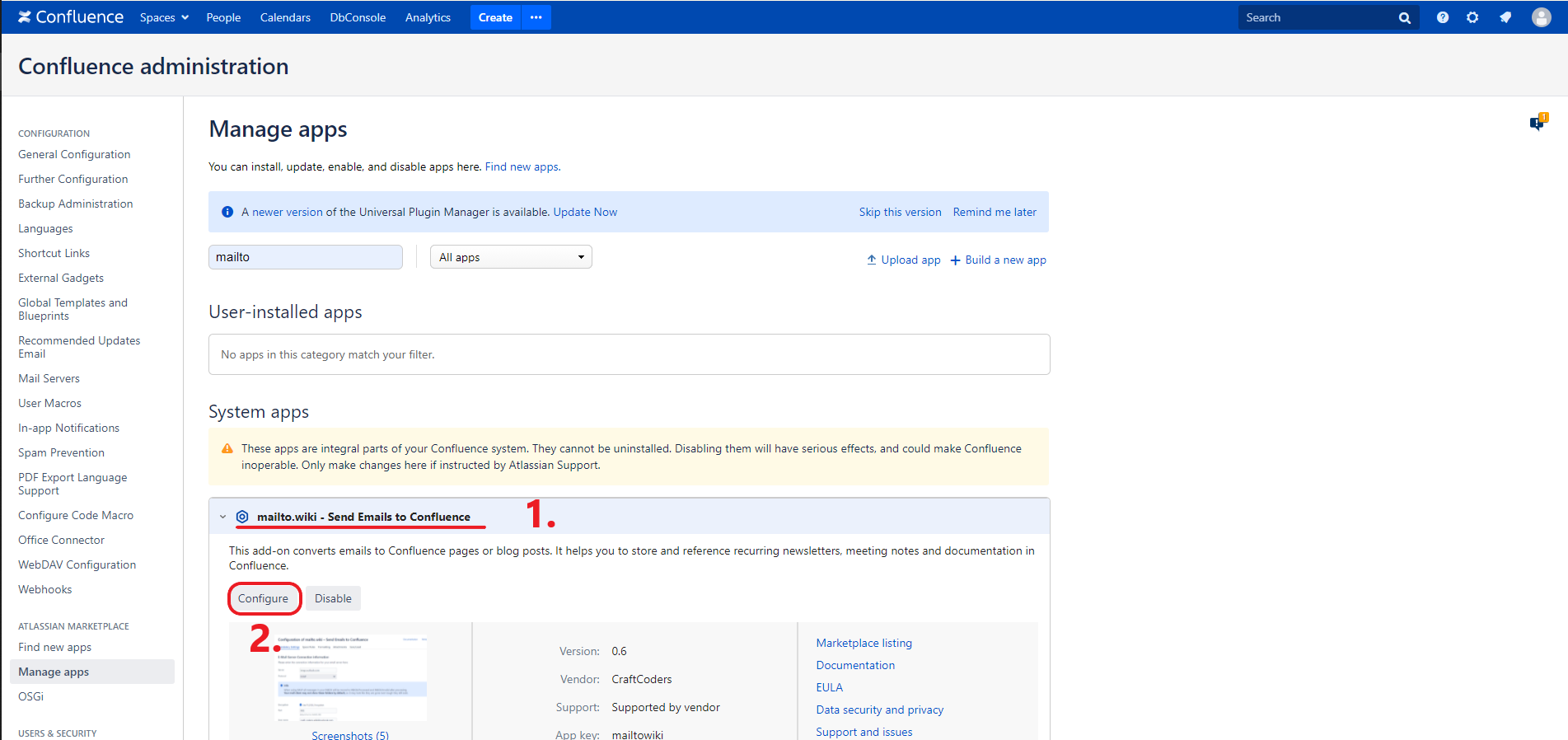 Shows how to get to the configuration page of mailto.wiki.