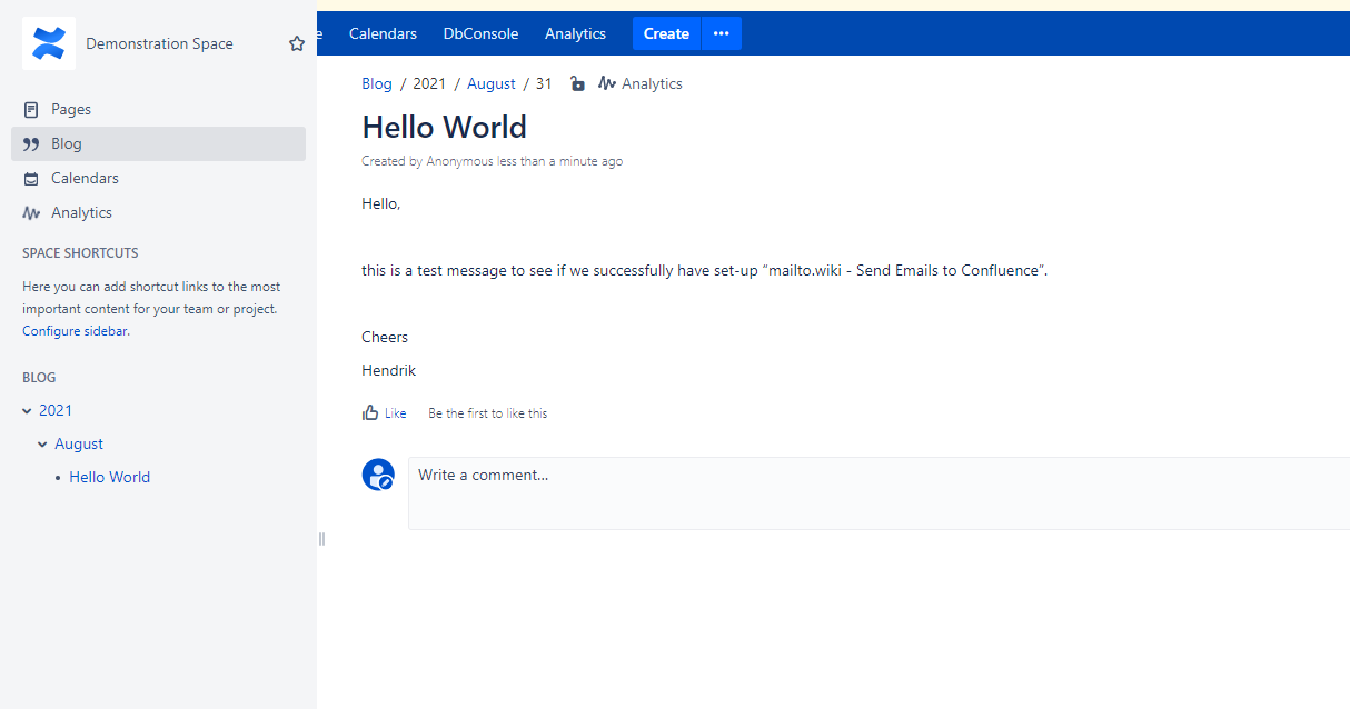 Shows the email in Confluence.