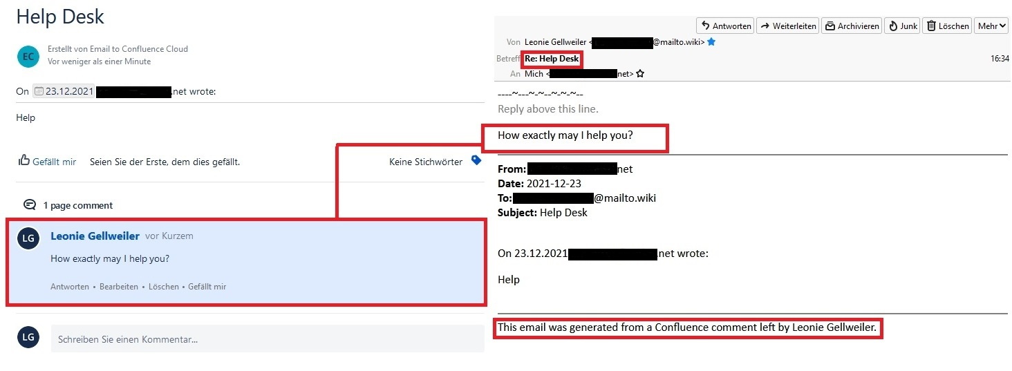 Der Screenshot zeigt ein Beispiel für einen Antwortkommentar und die dazugehörige automatisch generierte E-Mail.