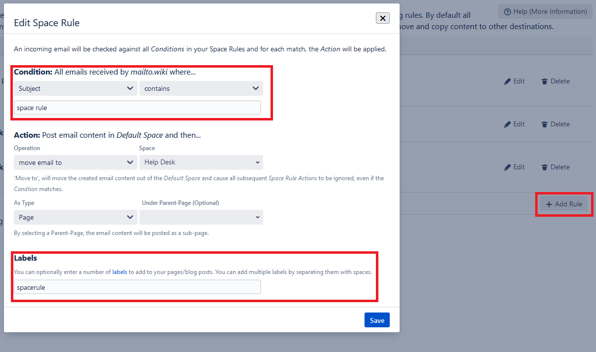 Screenshot of the mailto.wiki configuration page showing how to add default labels.