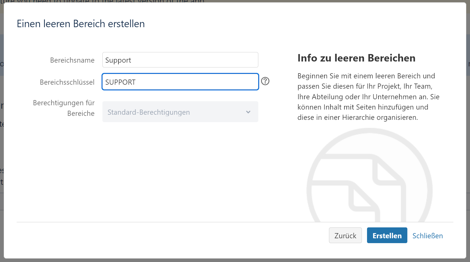 Screenshot showing how to create a new space in Confluence.