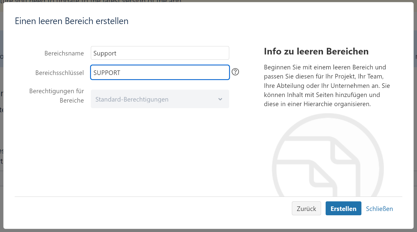 Screenshot, der zeigt, wie man einen neuen Bereich in Confluence erstellt.