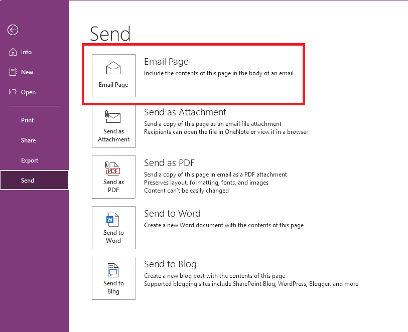 Screenshot of OneNote showing the Send tab.