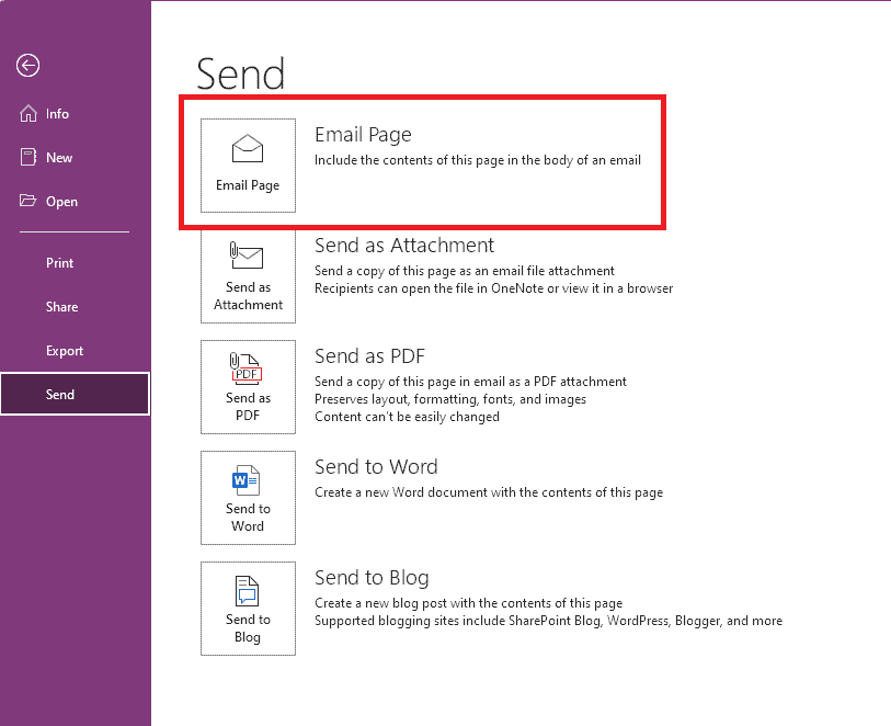 Bildschirmfoto von OneNote mit dem Senden-Reiter.