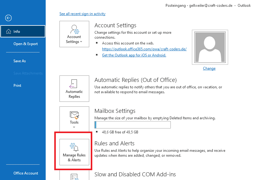 Screenshot of Outlook showing how to get to the rules and alerts settings.