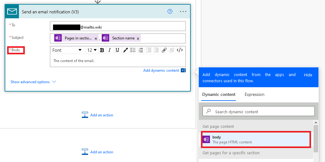 Screenshot of Power Automate showing how to select the page HTML content as the mail body.