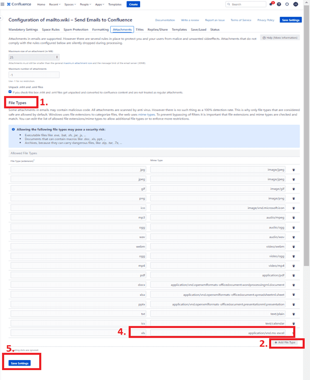 Screenshot of Confluence showing how to add a file type on the configuration page of mailto.wiki.