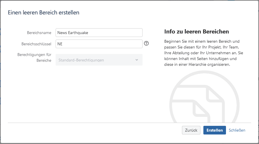 Screenshot of Confluence showing how to create a new space.
