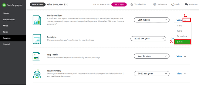 Screenshot of QuickBook showing how to email your report.