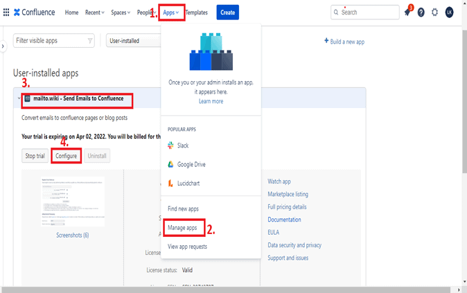 Screenshot of Confluence showing how to get to the manage apps section.