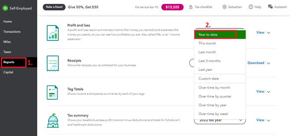 Screenshot of QuickBook showing how to select Year to date for your report.