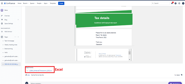 Screenshot of Confluence showing the new page with the send report attached as a Excel file.