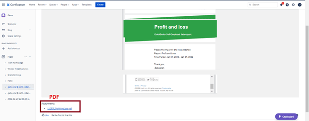 Screenshot of Confluence showing the new page with the send report attached as a PDF file.